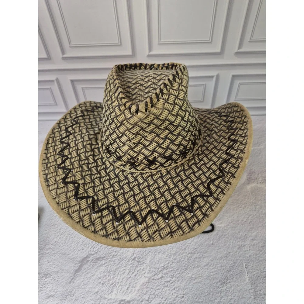 Mens Woven Straw Cowboy Hat Tan Black Wide Brim Western Sun Hat with Chin Strap